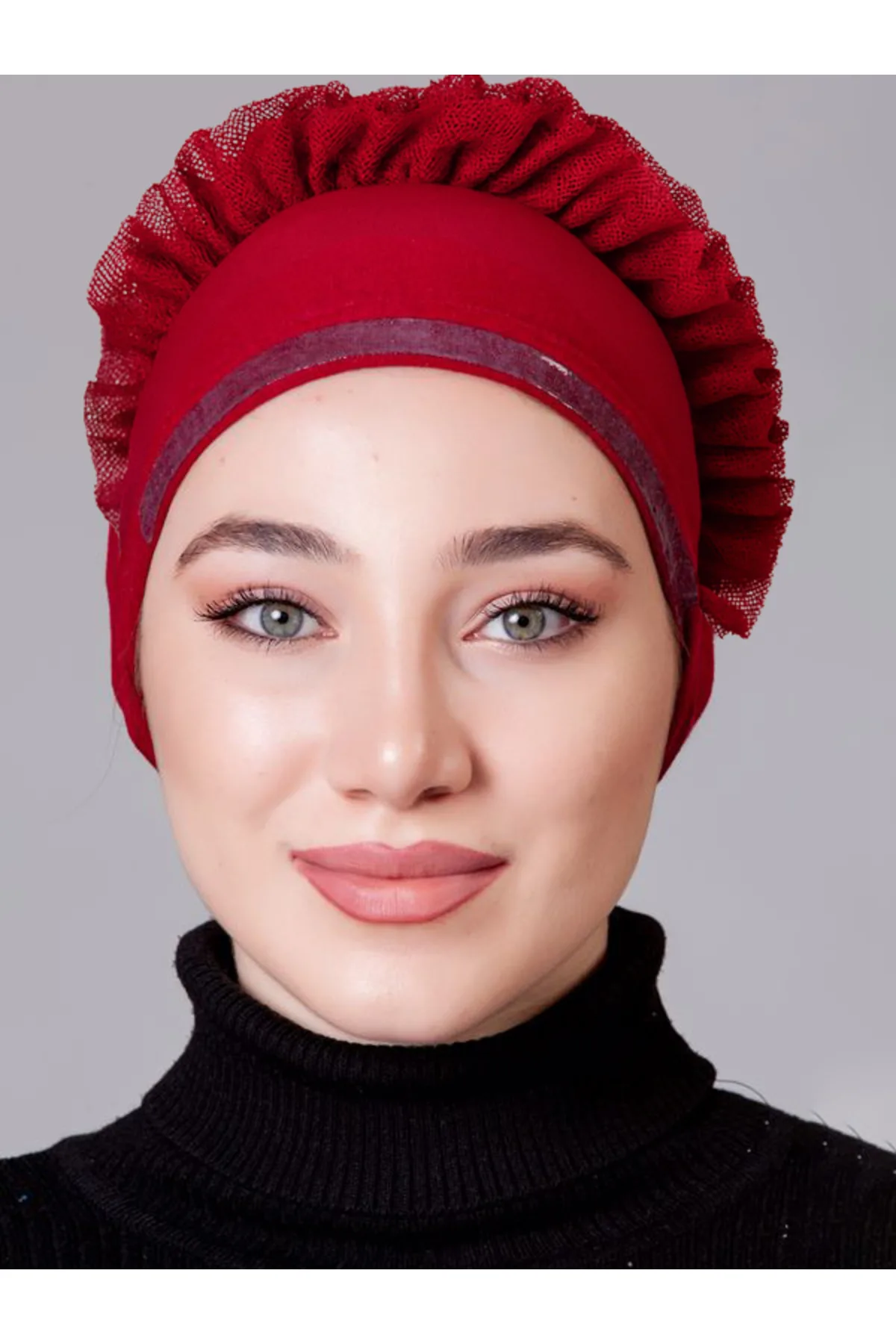 Bordo Likralı Fırfırlı Kaymayan Bone