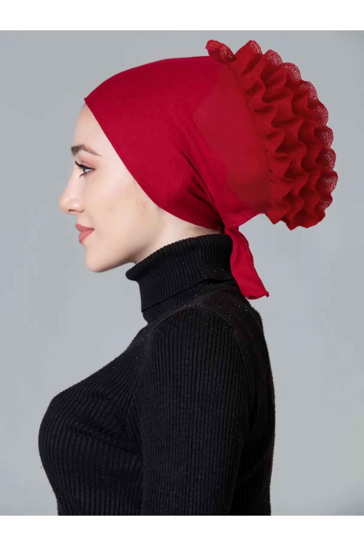 Bordo Likralı Fırfırlı Kaymayan Bone