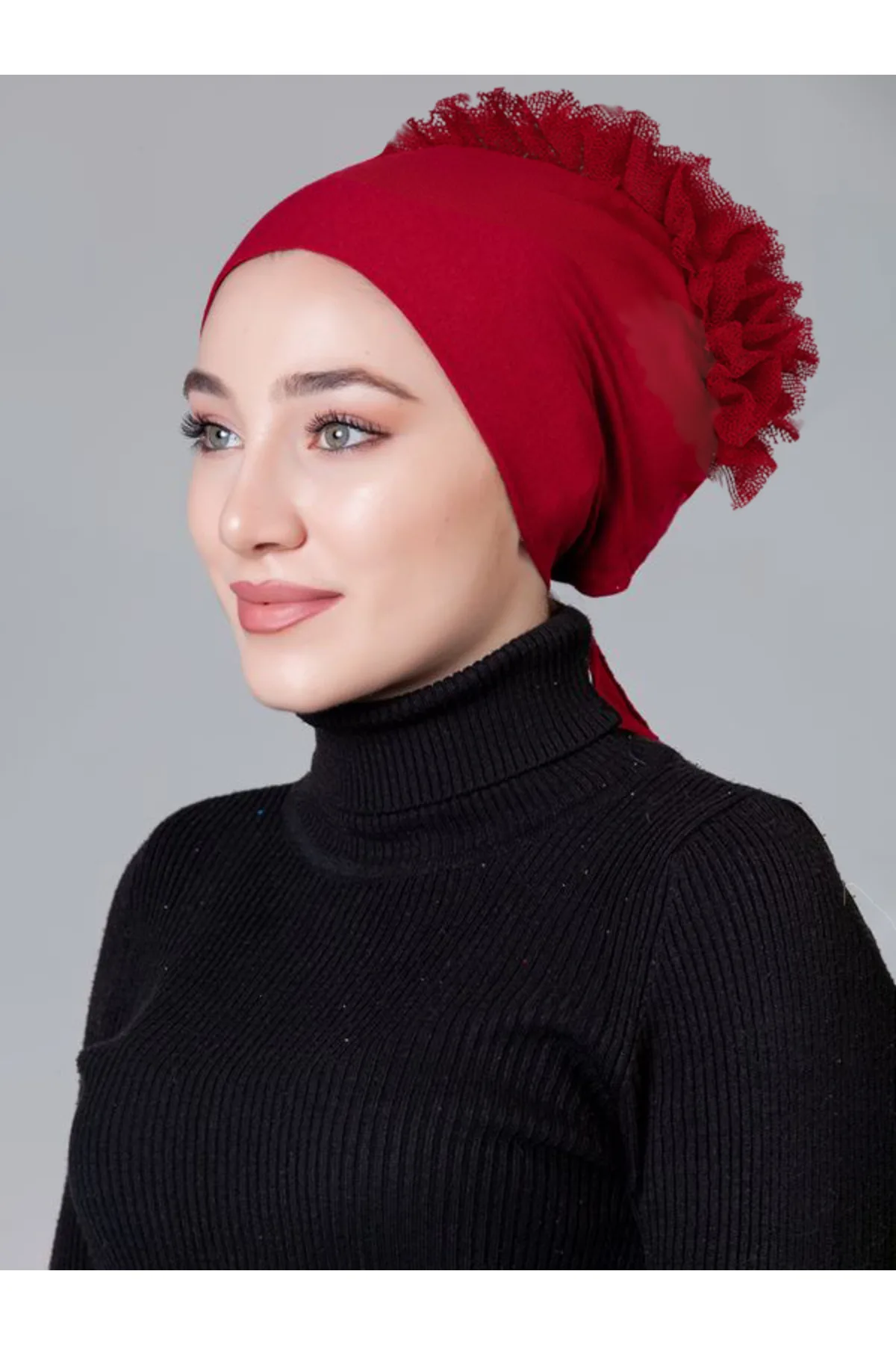 Bordo Likralı Fırfırlı Kaymayan Bone